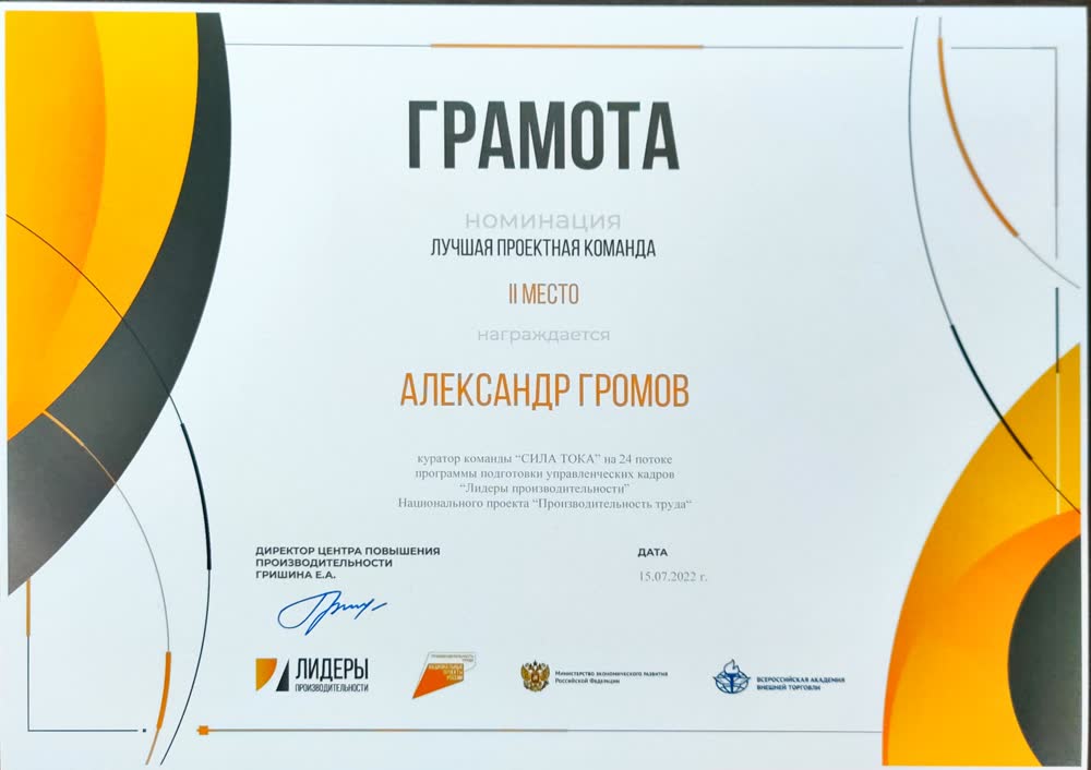 Грамота «Лидеры производительности», II место, 2022