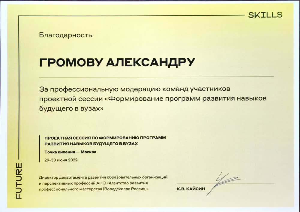 Благодарность Ворлдскиллс Россия, 2022